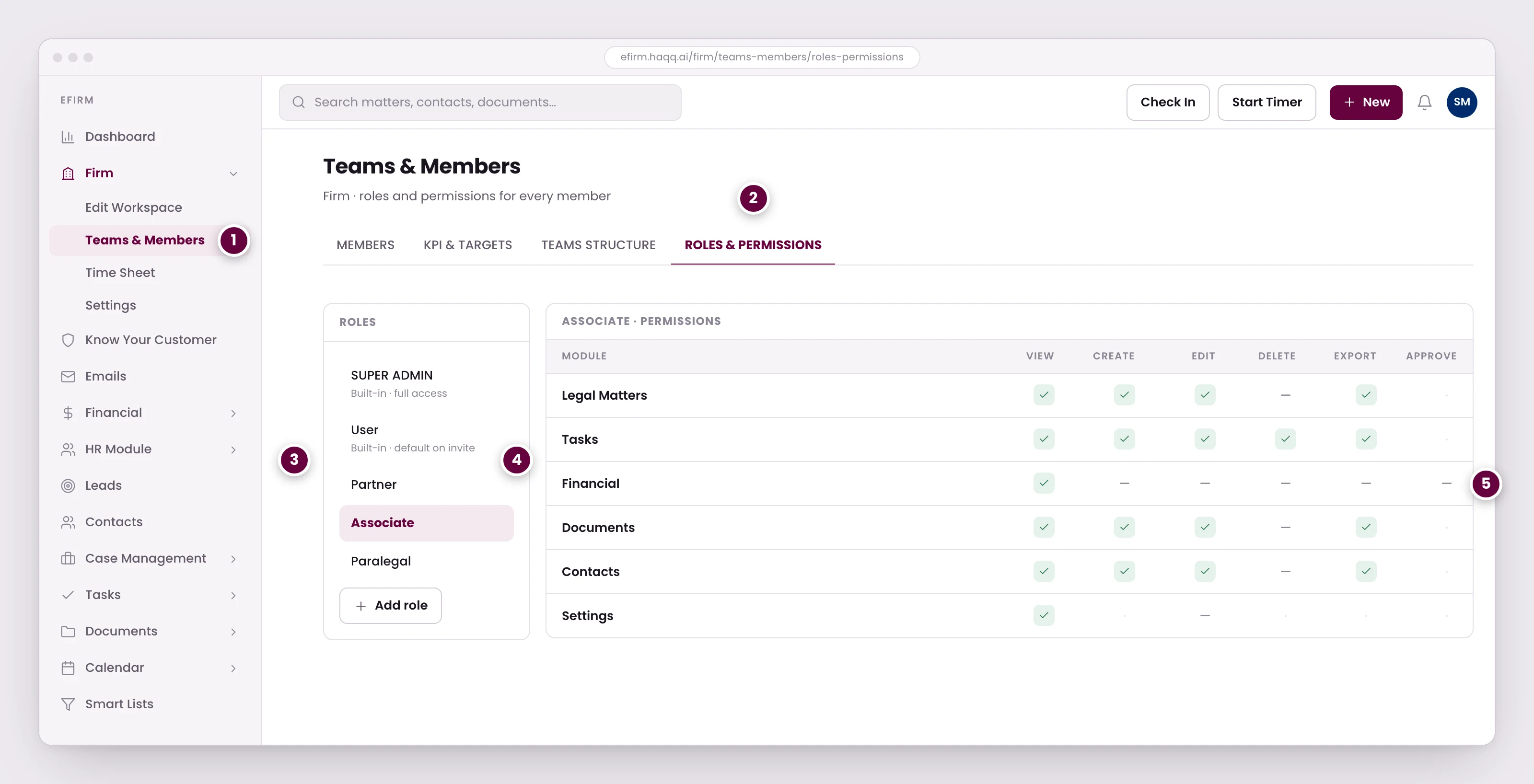 The Roles & Permissions tab of Teams & Members in eFirm, showing the firm's built-in and custom roles beside a per-module permissions matrix for the selected role.