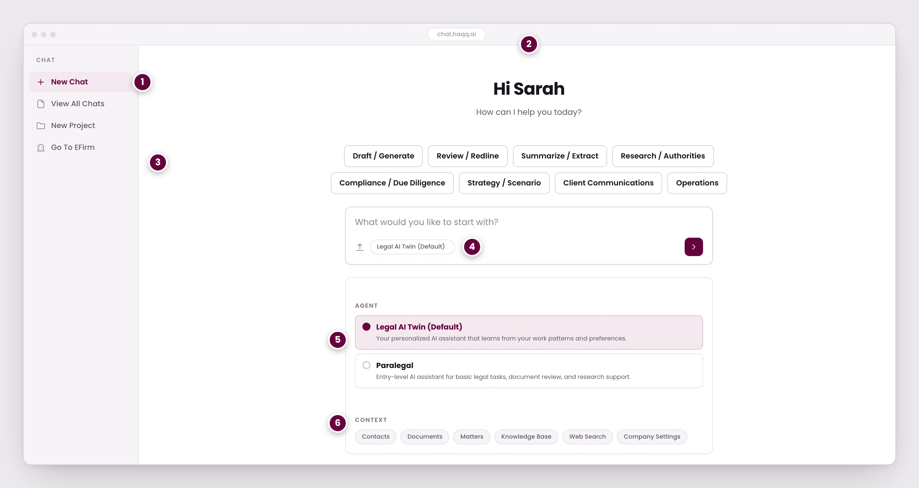 The Legal AI Chat home screen, greeting the signed-in lawyer above eight task categories, a composer, and the controls that set which agent answers and what firm data it can read.