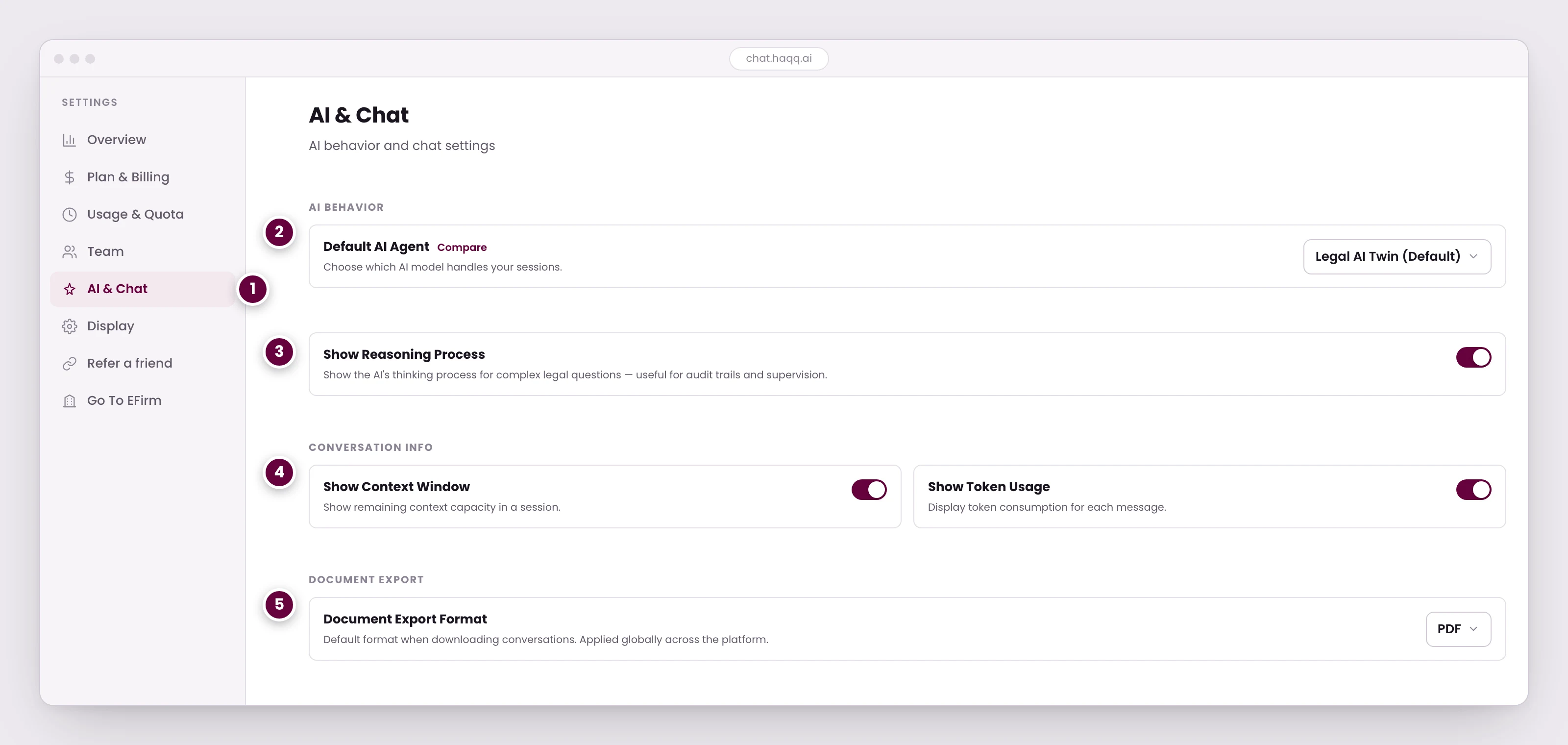 The AI & Chat tab of HAQQ's settings, showing the default-agent picker, the reasoning-process toggle, the context and token visibility switches, and the document export format control.