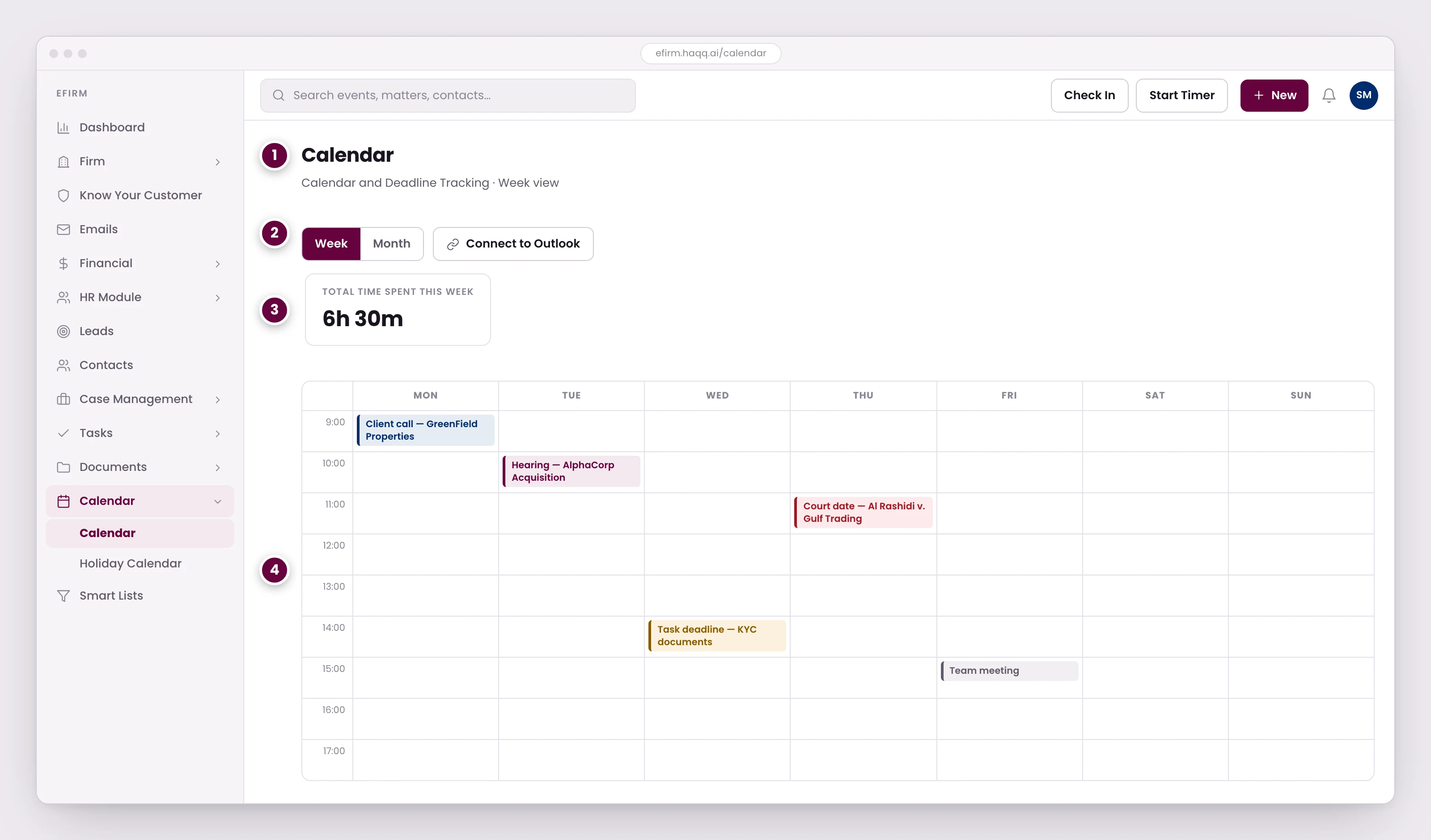 The Calendar in eFirm on its week view, showing client calls, hearings, task deadlines, court dates, and meetings in one hourly grid, with a week and month toggle and an Outlook connection.