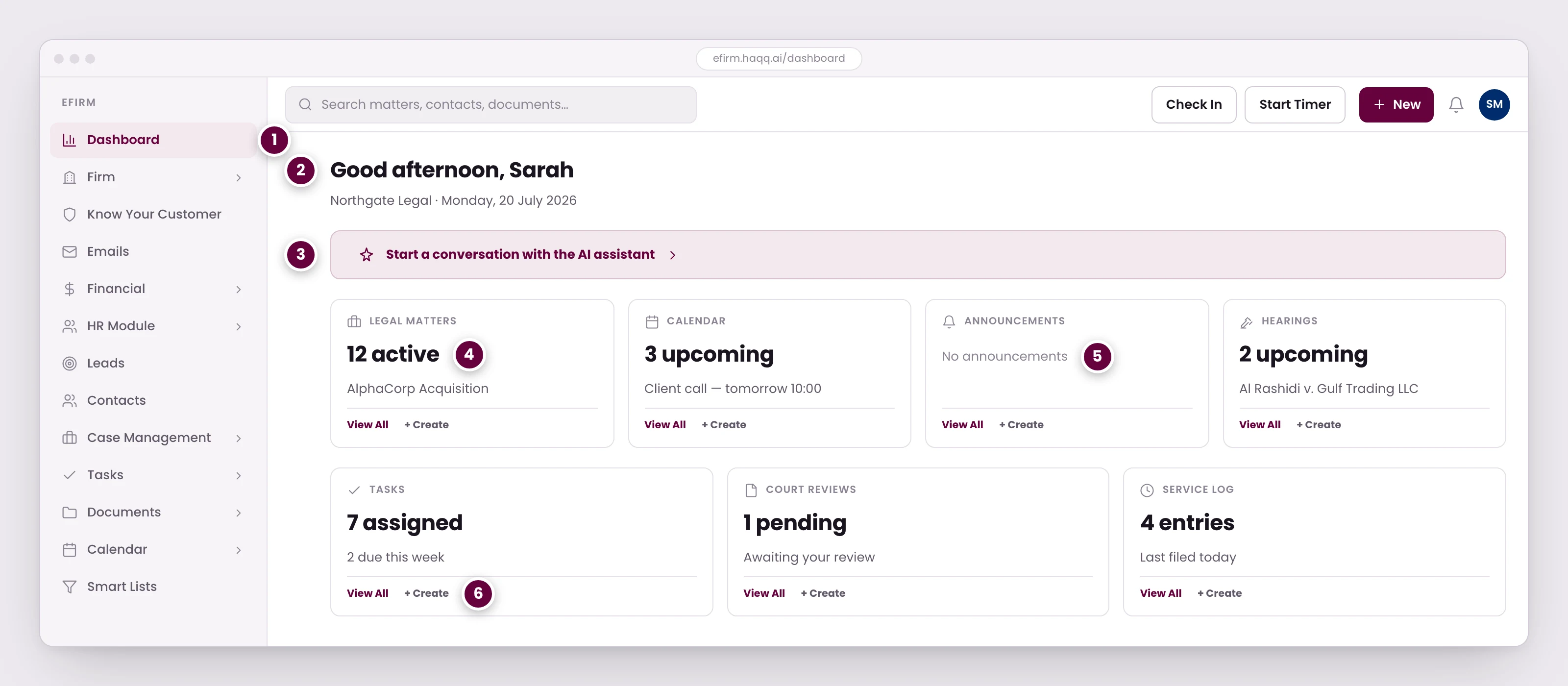 The eFirm dashboard after login, greeting the signed-in lawyer over module cards for legal matters, calendar, announcements, hearings, tasks, court reviews, and the service log.
