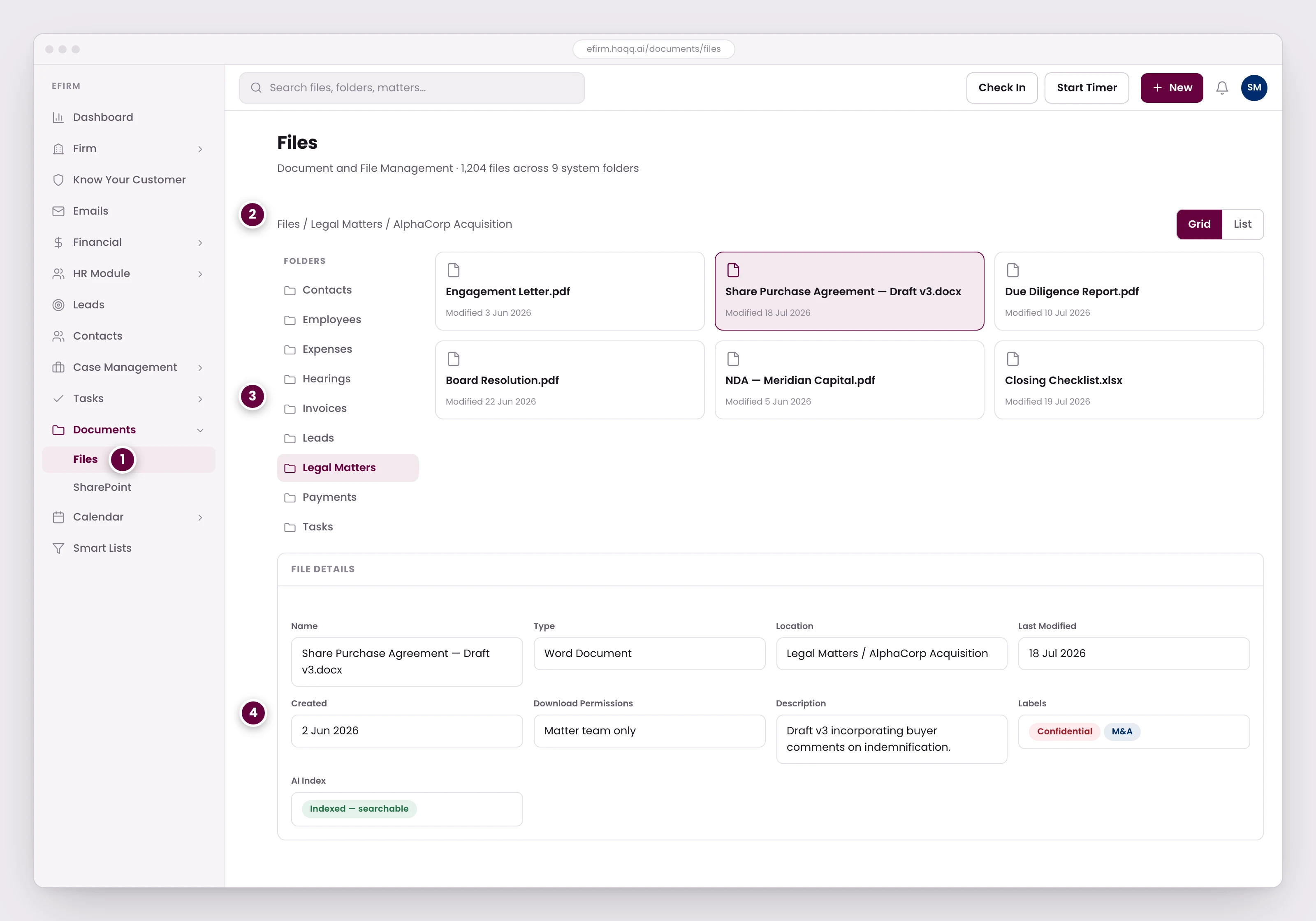 The Files module in eFirm showing the auto-provisioned system folders, files inside a matter's folder, and the details panel for the selected document.