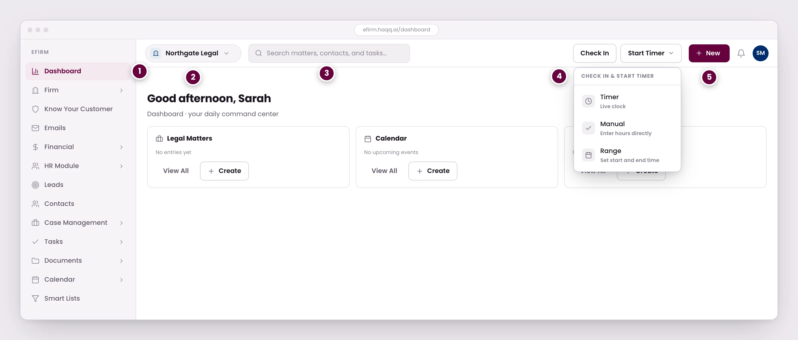The eFirm dashboard, showing the module rail, the firm's workspace switcher, global search, the timer control opened to its three modes, and the quick-add button.