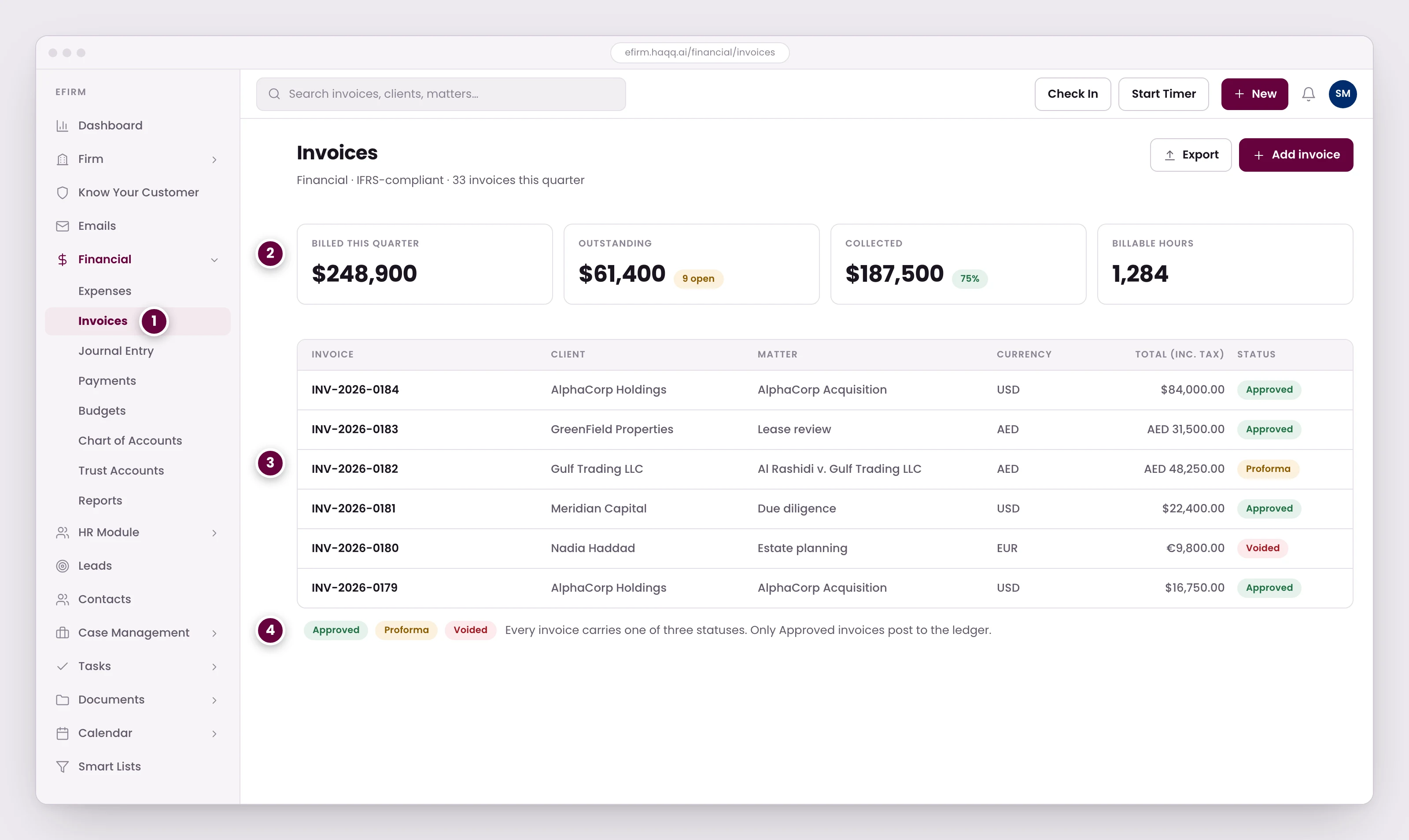 The Invoices screen in eFirm's Financial module, showing quarter totals, multi-currency invoice rows and their approval status.