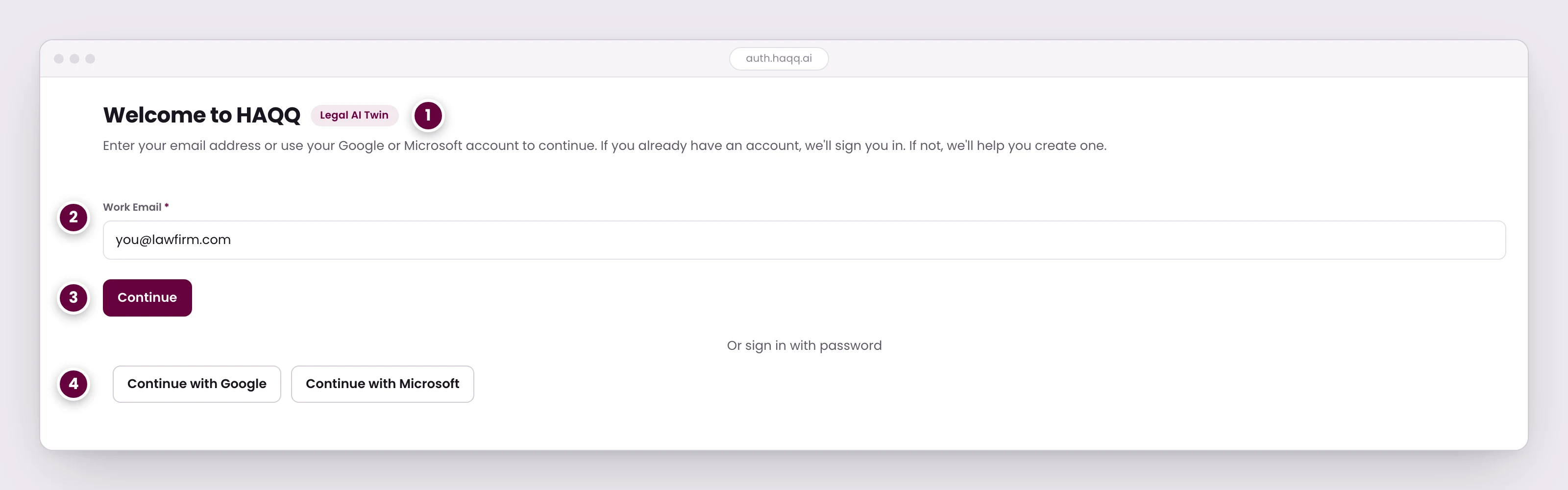 The HAQQ sign-in page at auth.haqq.ai, with a work-email field, a Continue button, and Google and Microsoft sign-in options.