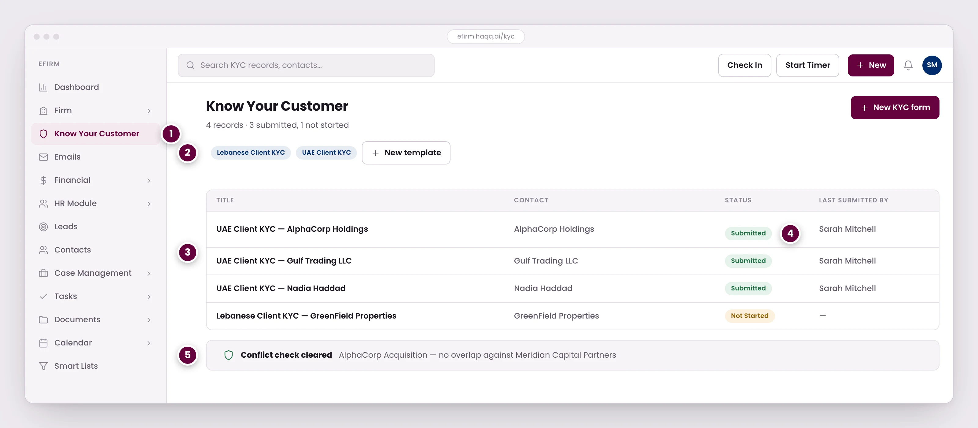 The Know Your Customer screen in eFirm, listing KYC records built from jurisdiction-specific templates with their contact, status, and last submitter, beside a cleared conflict check.