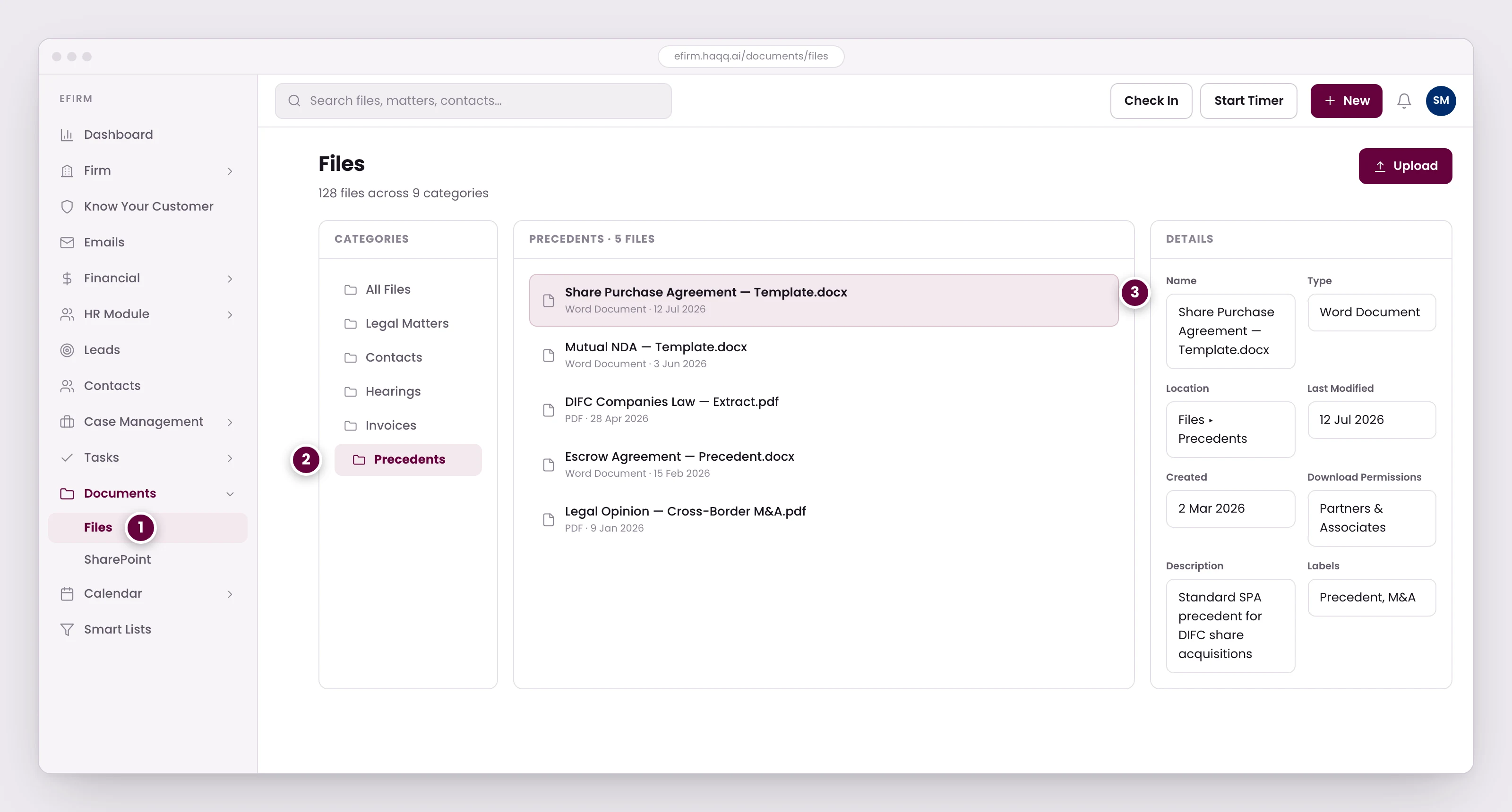 The Files module in eFirm, showing folder categories beside a list of precedent documents and the details panel for the selected file, including its download permissions and labels.