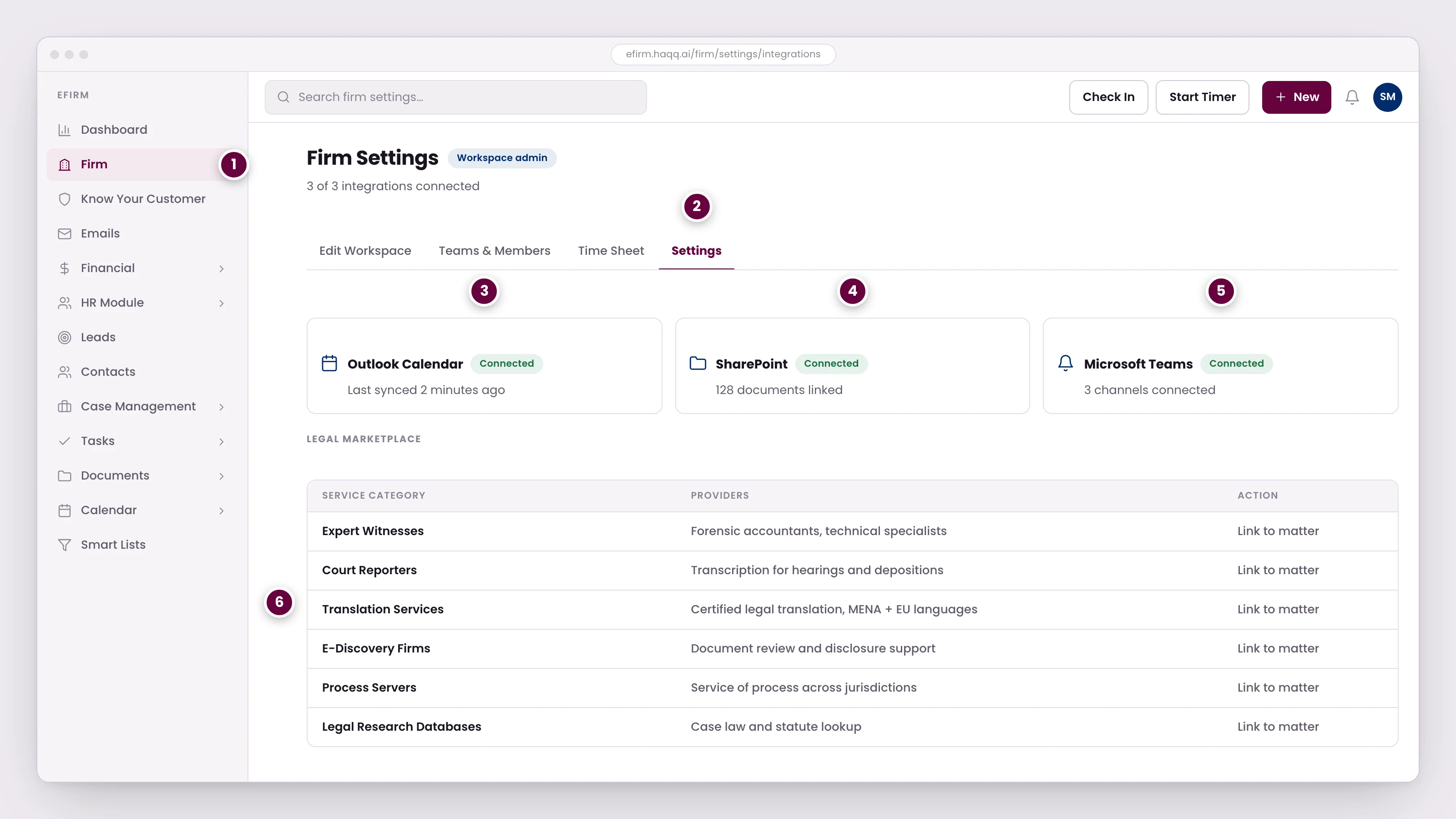 Firm Settings in eFirm showing three connected Microsoft 365 integrations above a directory of legal service providers that can be linked to a matter.