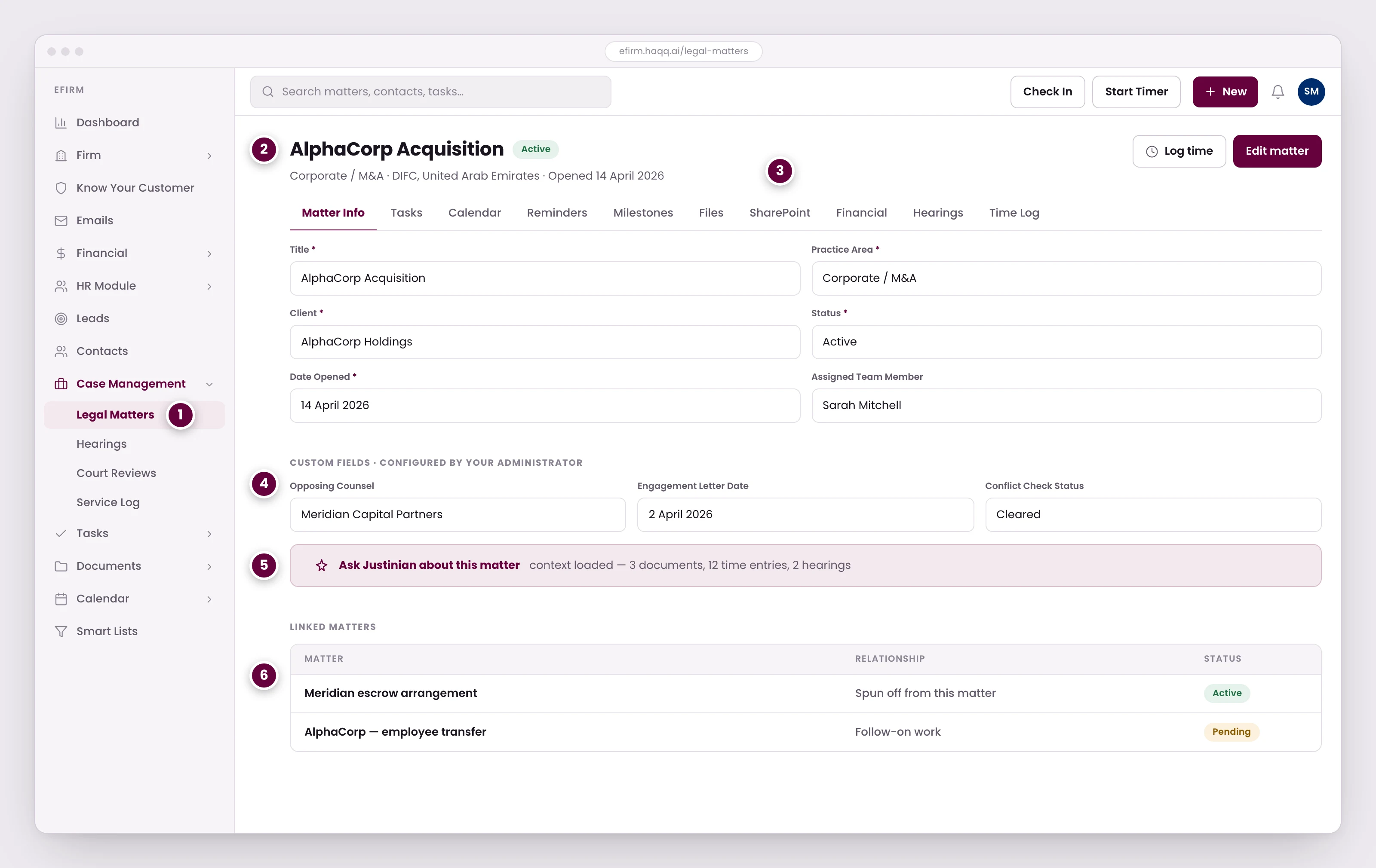 The AlphaCorp Acquisition matter open in eFirm, with its ten context tabs, detail fields and the Legal AI bar.