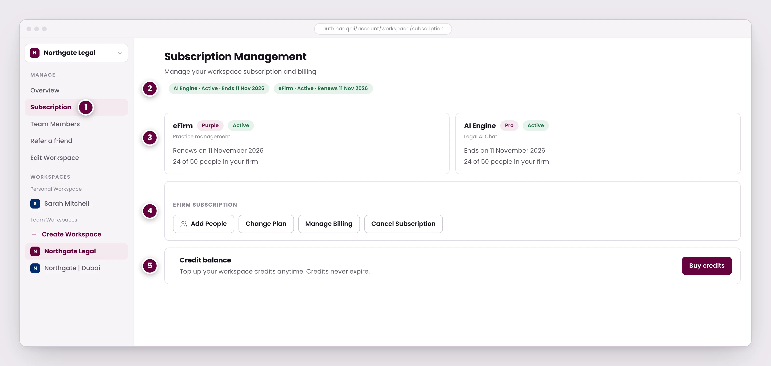 The Subscription Management screen in the HAQQ Account Hub, where each product line is renewed, changed or cancelled on its own.