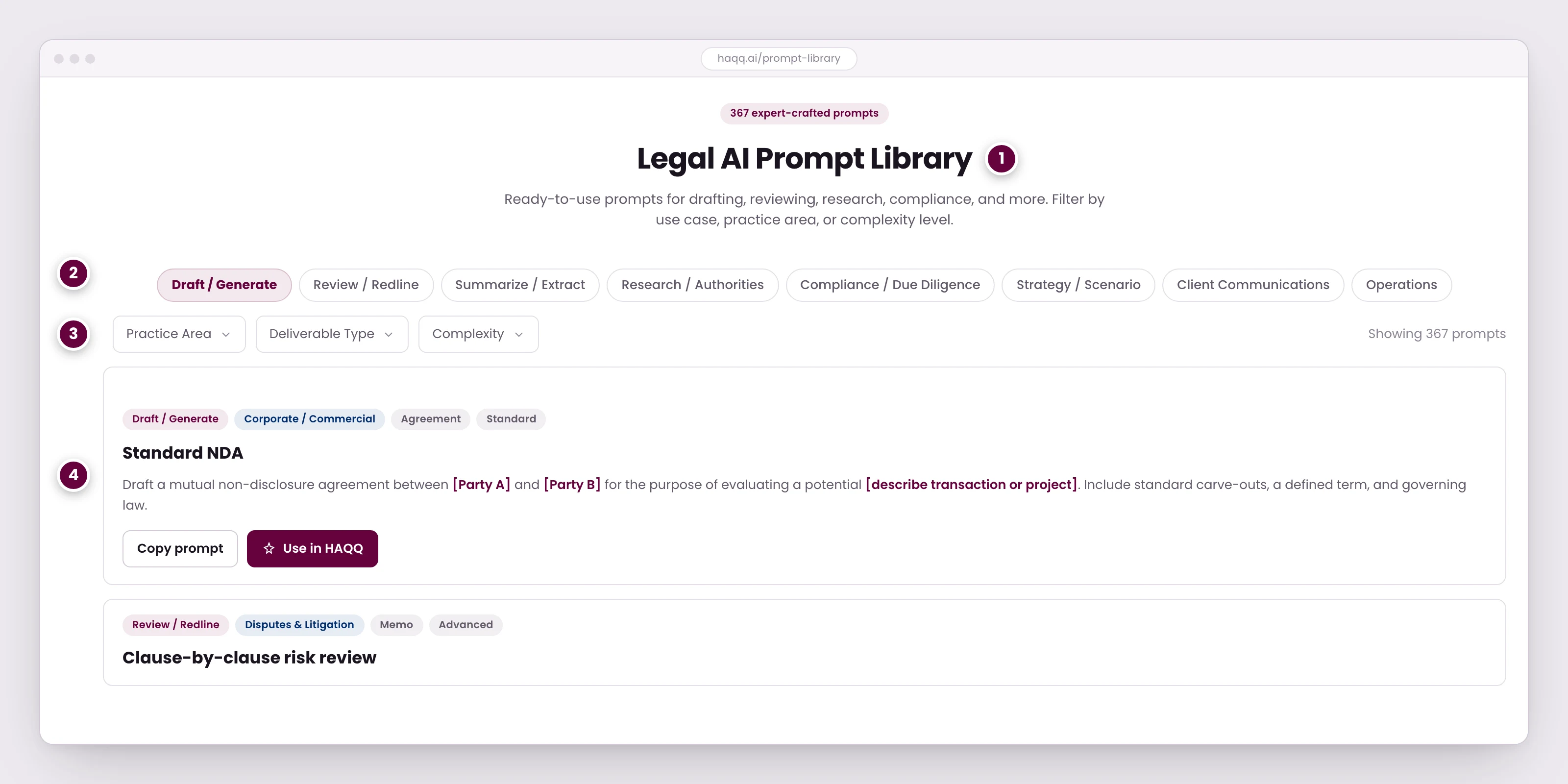 The HAQQ Legal AI Prompt Library, filtered by use case, with a drafting prompt open showing its fill-in-the-blank placeholders.