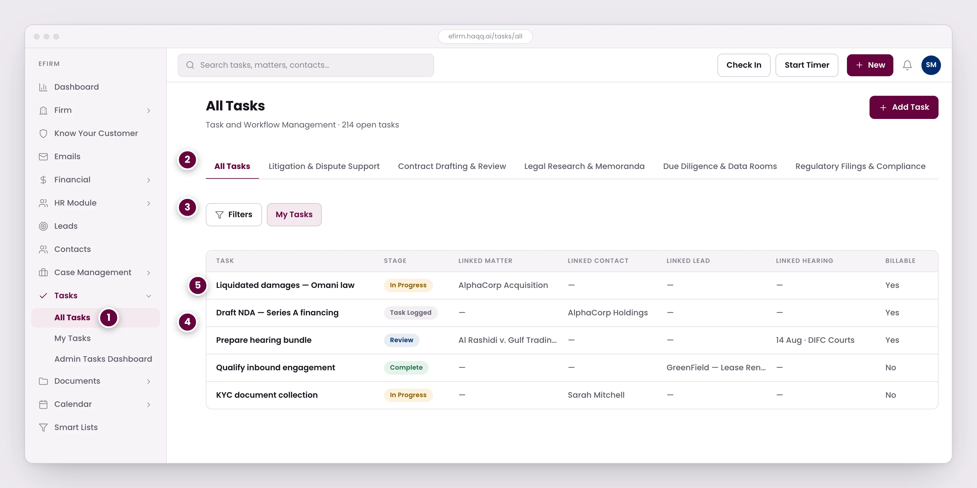 The All Tasks grid in eFirm, showing practice-area views, a My Tasks filter, and task rows carrying stage, linked records, and a billable flag.