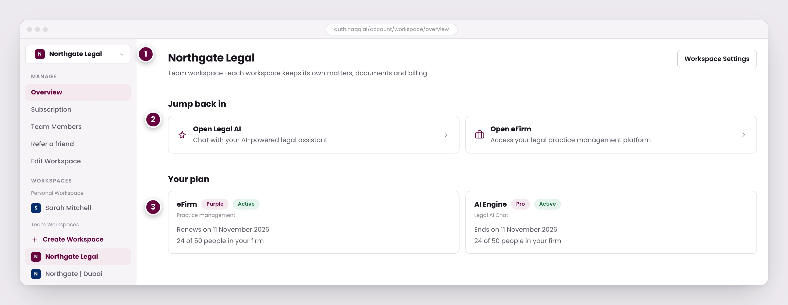 The HAQQ Account Hub with the workspace list open, showing a personal workspace alongside team workspaces, and the entry points into Legal AI Chat and eFirm.