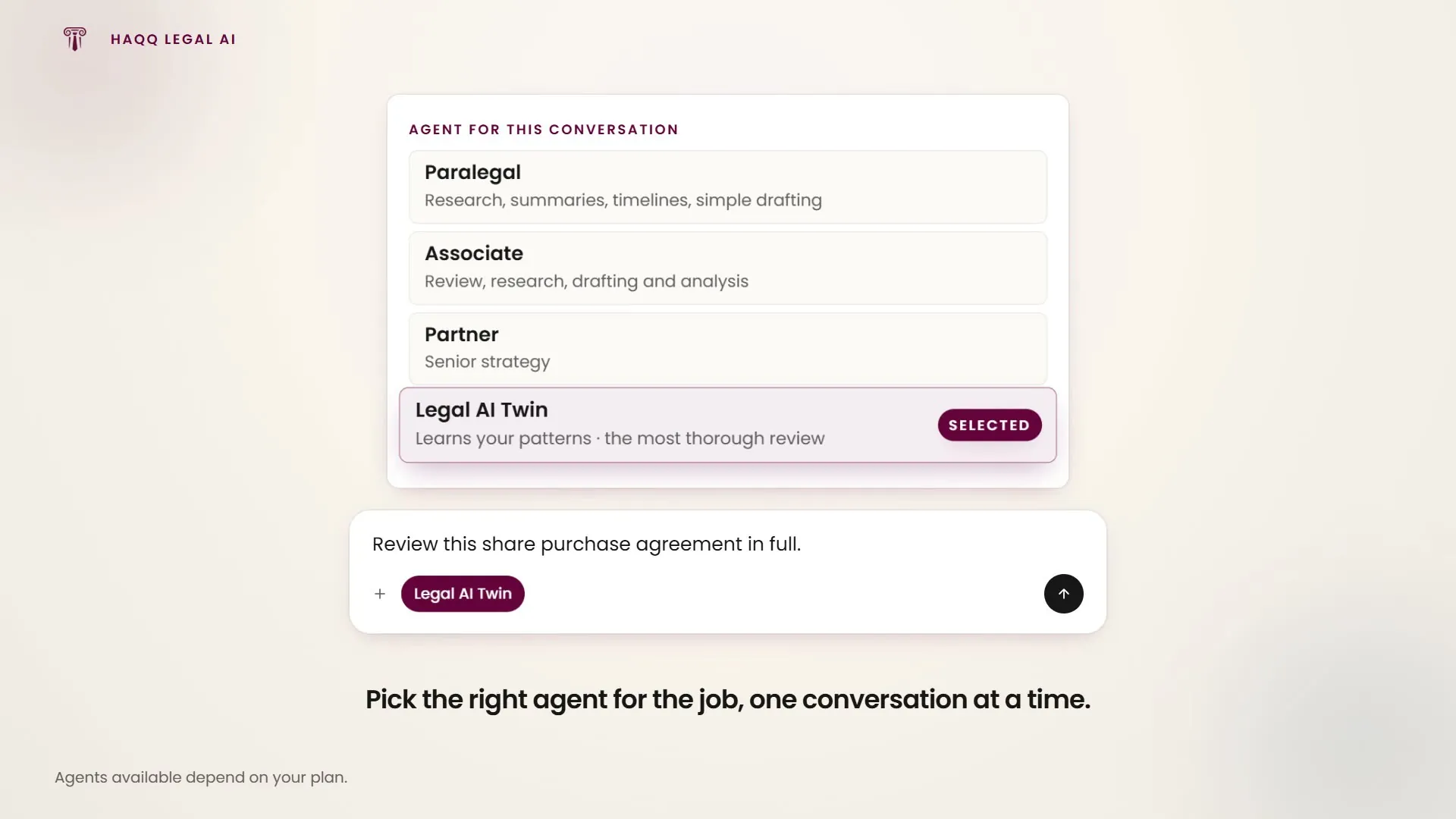 Paralegal, Associate, Partner and Legal AI Twin offered in the composer, and one of them picked for a single conversation.