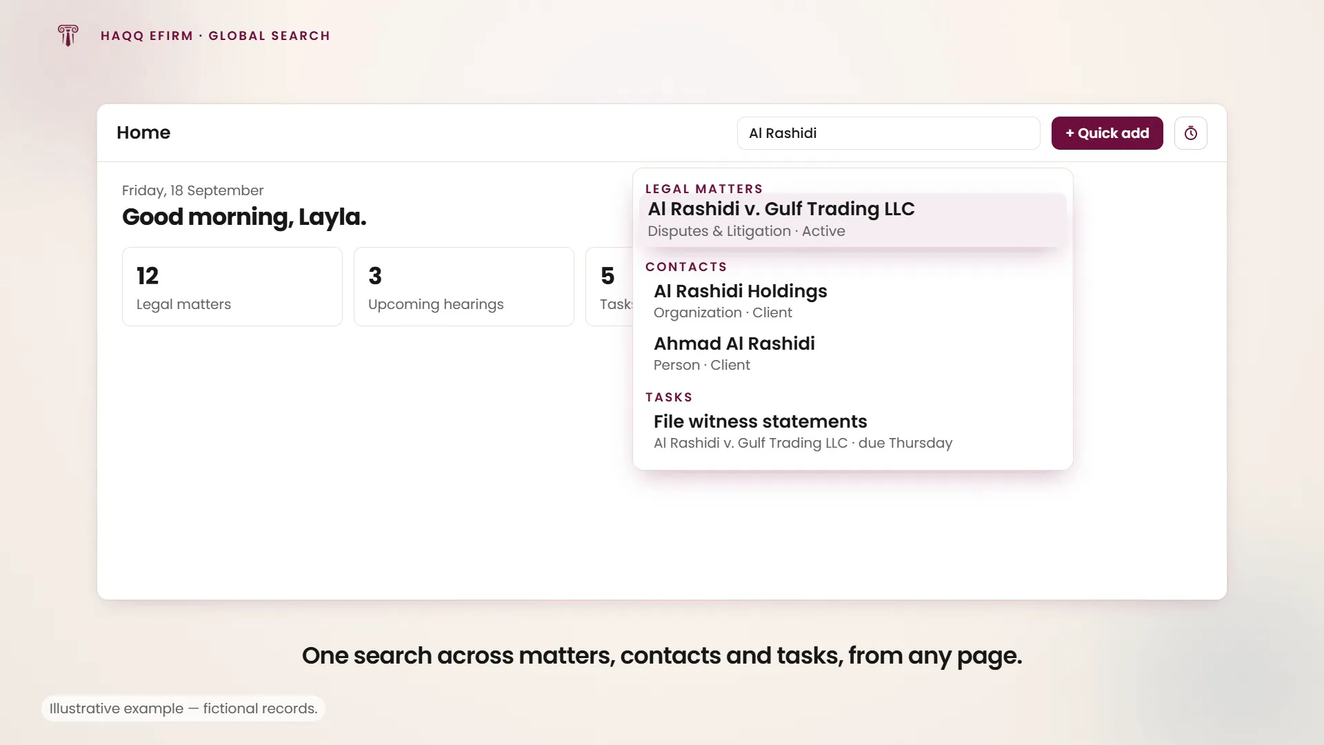 Typing a client name into the eFirm top bar, and the matter, the contact and the related task all resolving at once from whatever page the search was started on.
