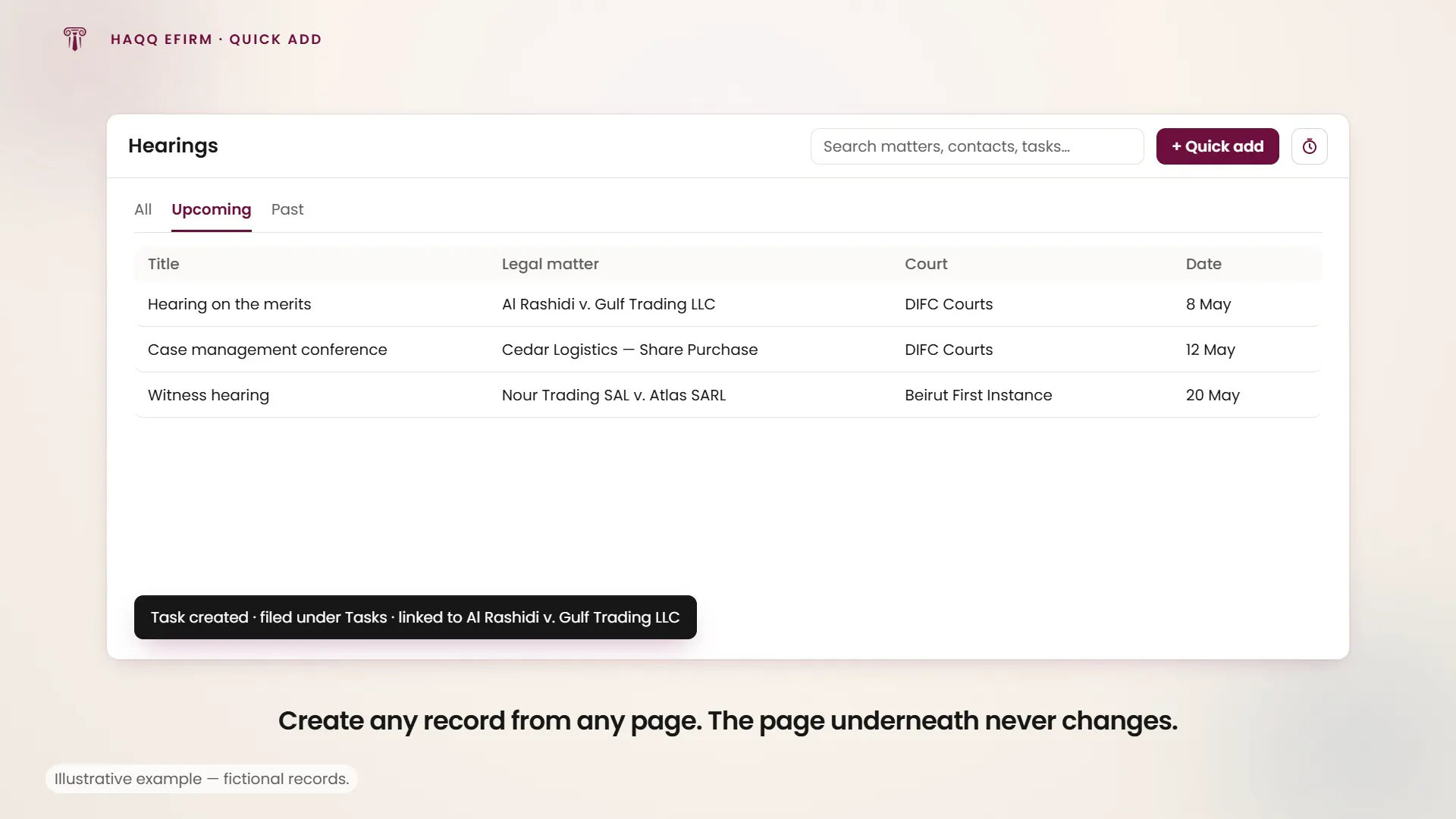 A task created from the Hearings page through the Quick Add button, filed under Tasks, with the page underneath never changing.