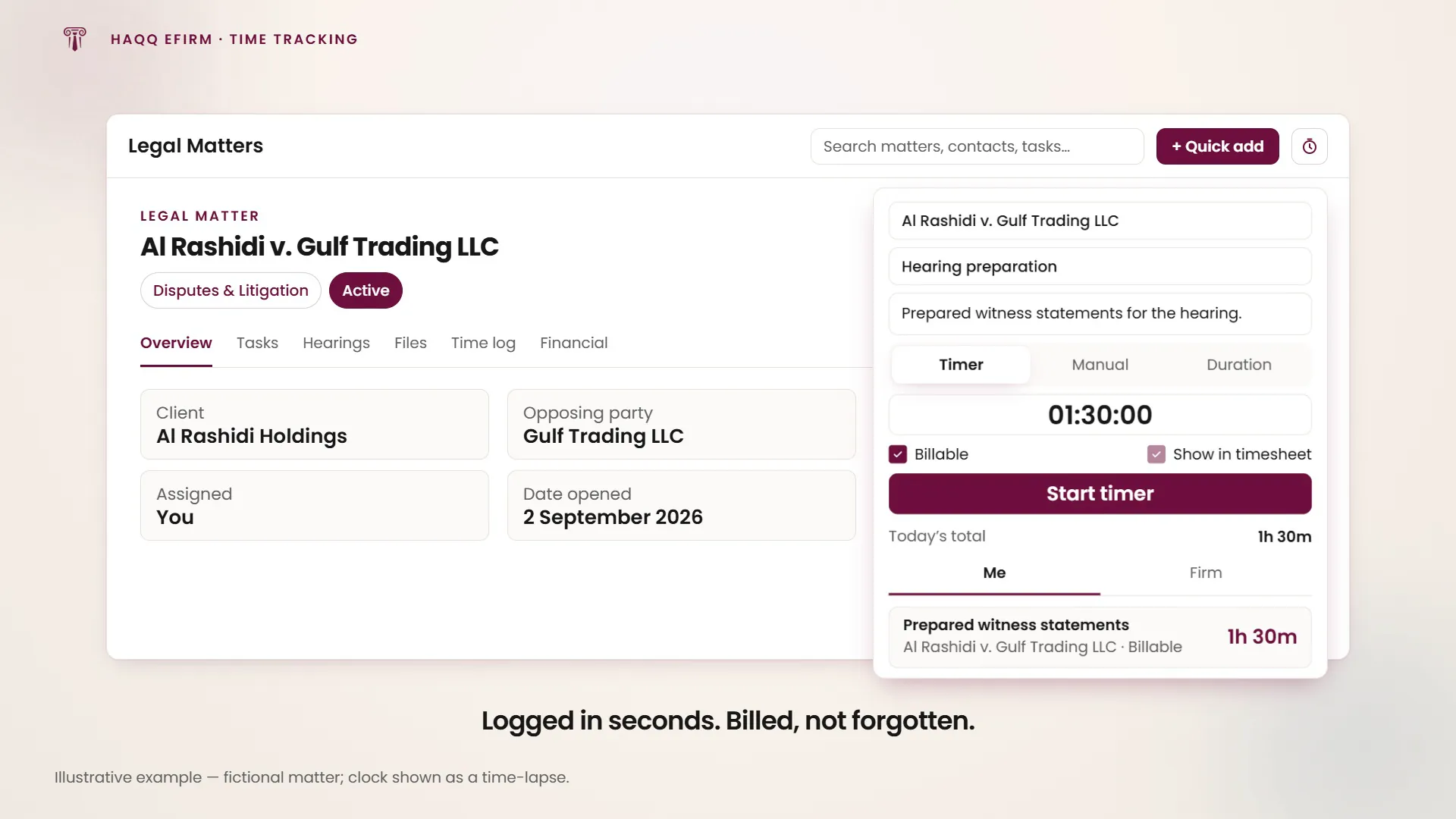 The top-bar timer running against a matter and logging one hour thirty of billable time in a couple of clicks.