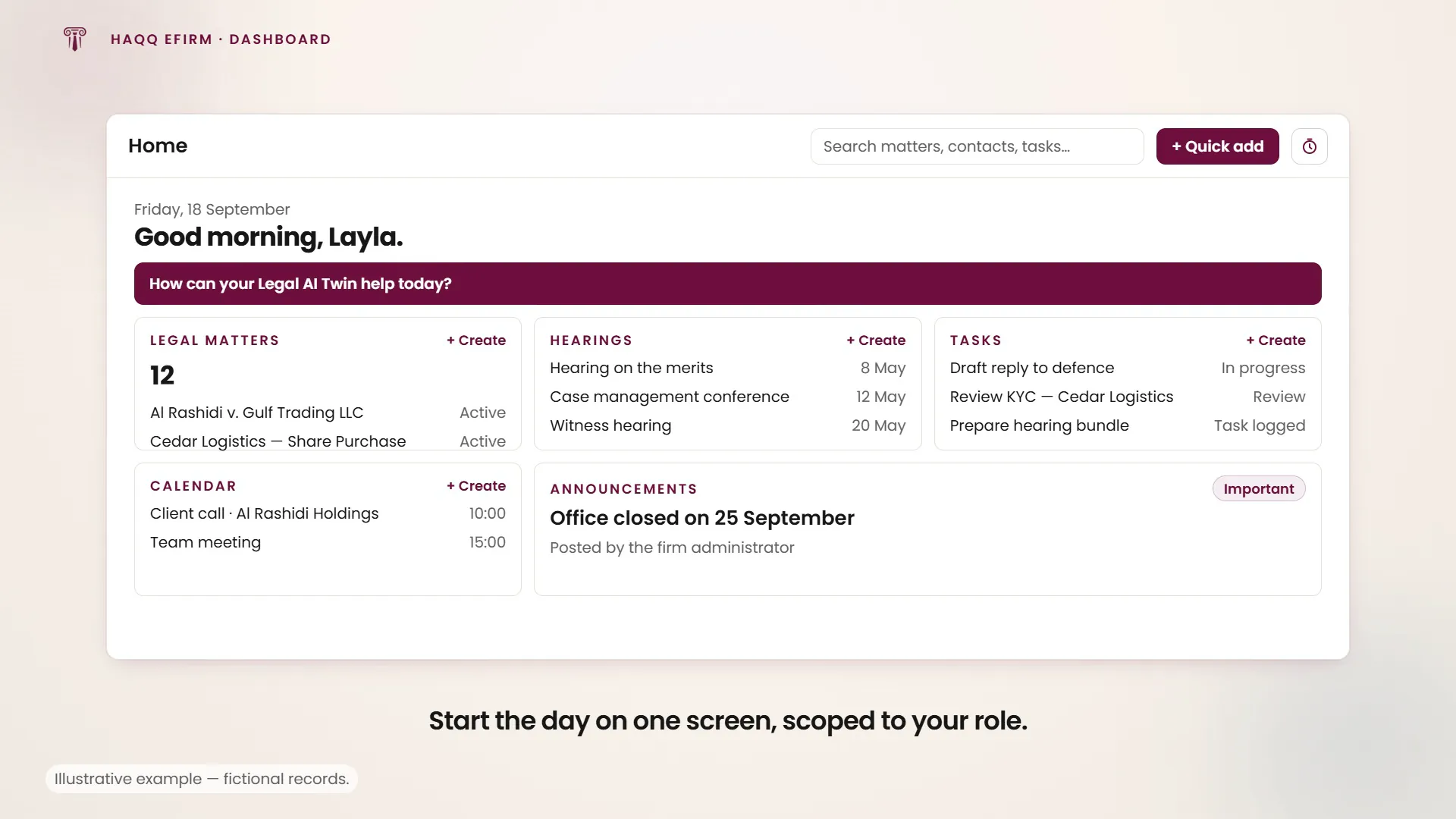 Five role-scoped dashboard widgets beside the Legal AI bar, with a task created straight from the card that raised it.