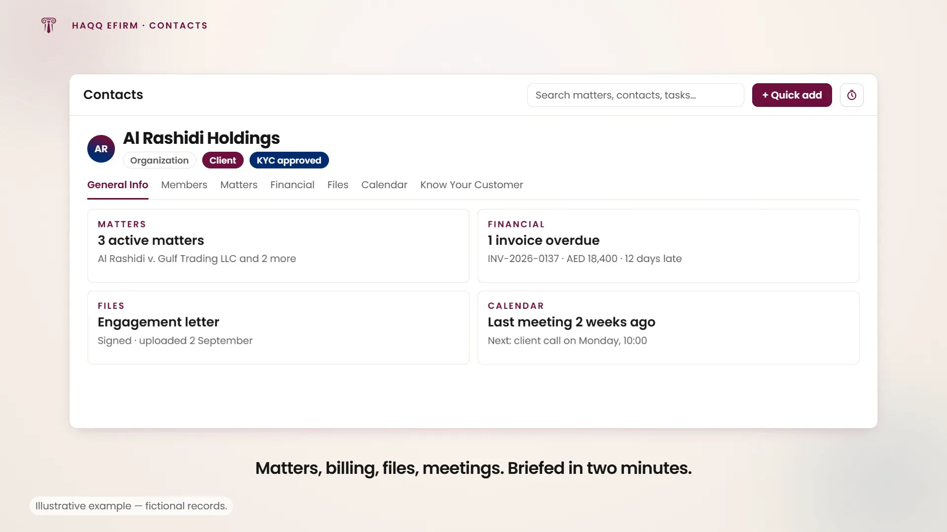 A contact profile opened tab by tab: the matters, an overdue invoice, the engagement letter and the last meeting.