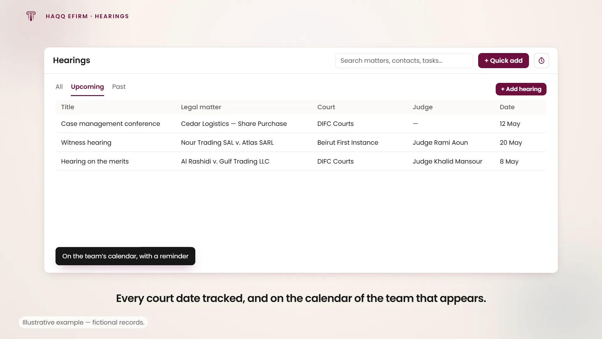 A hearing added with its three required fields and landing on the team calendar.