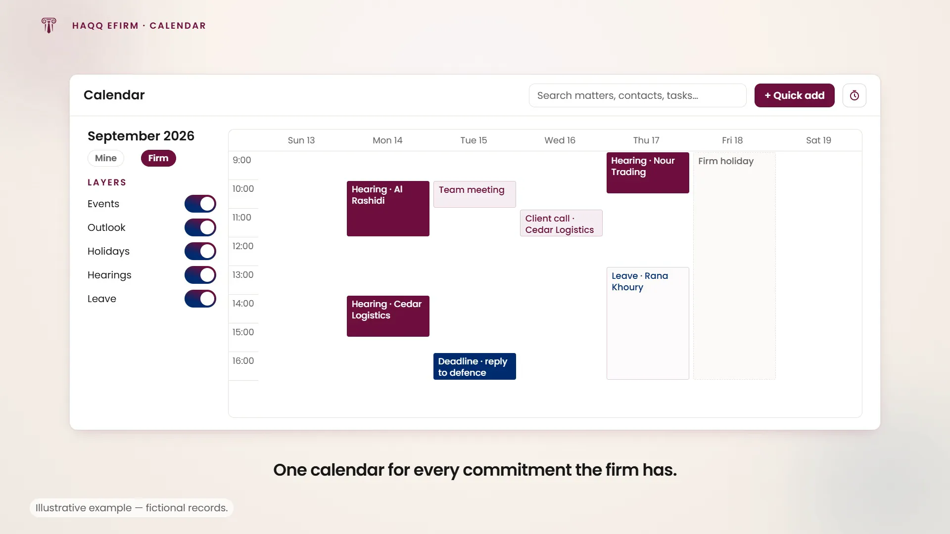 Hearings, deadlines, meetings, holidays and leave on one calendar, with the layers toggled and the firm-wide view opened.