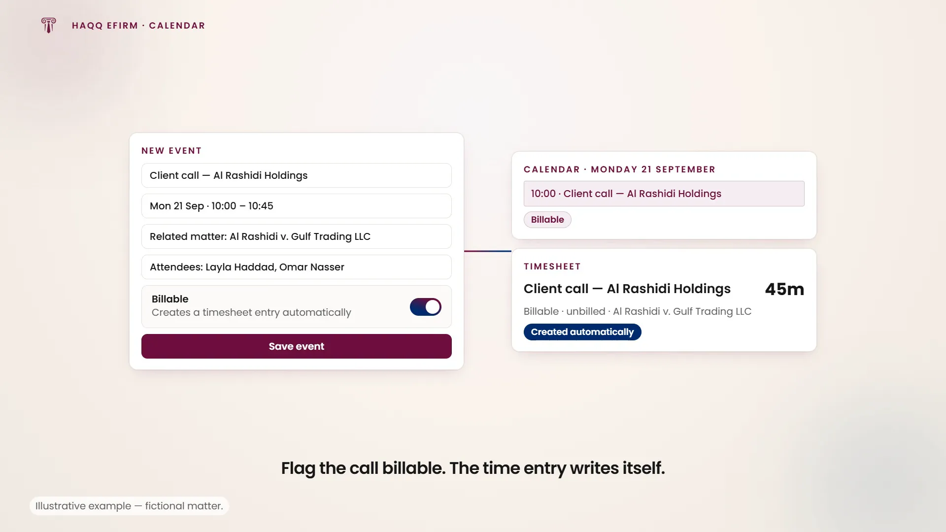 A calendar event flagged billable, writing its own timesheet entry without anyone opening the timesheet.