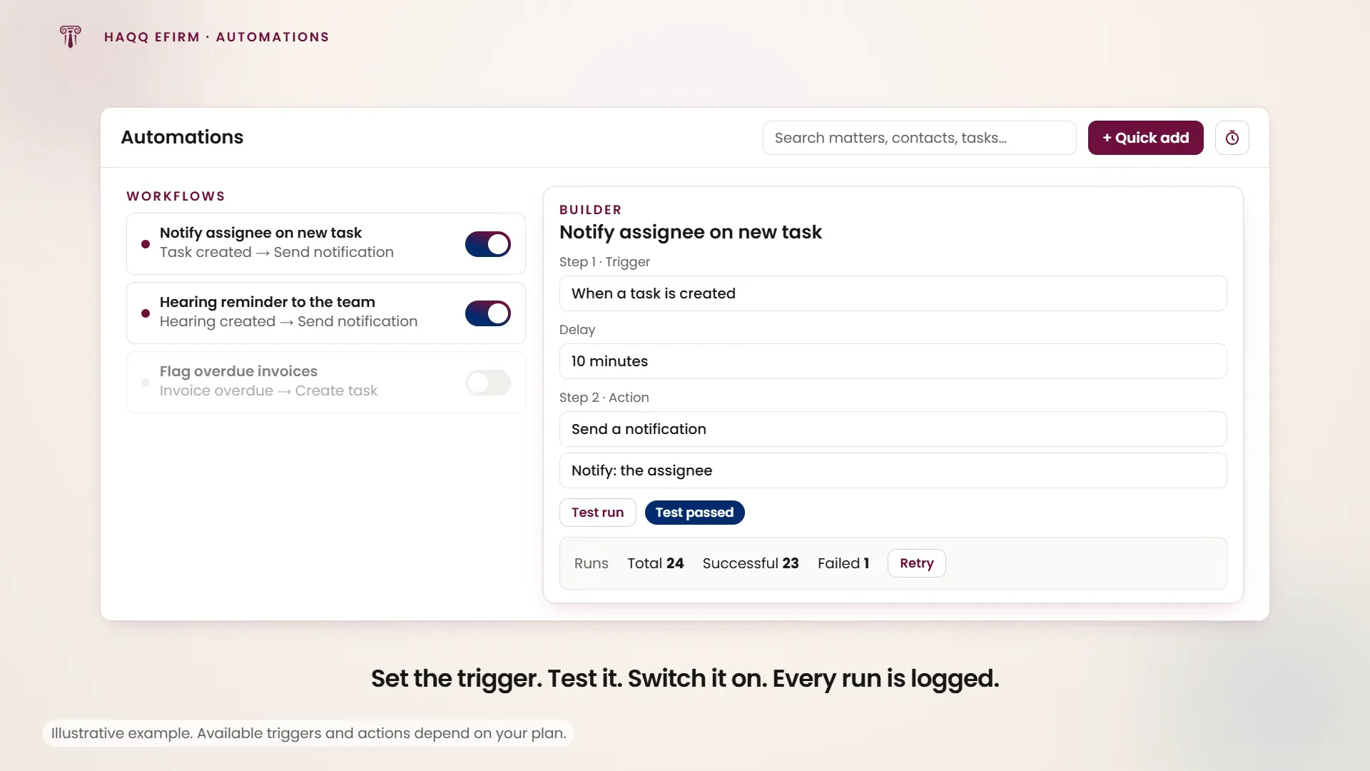An automation that notifies the assignee whenever a task is created: tested, switched on, and every run logged.