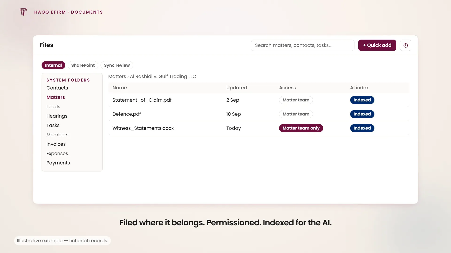 A file dropped into a matter's folder, restricted to the matter team and indexed for the Legal AI Twin.