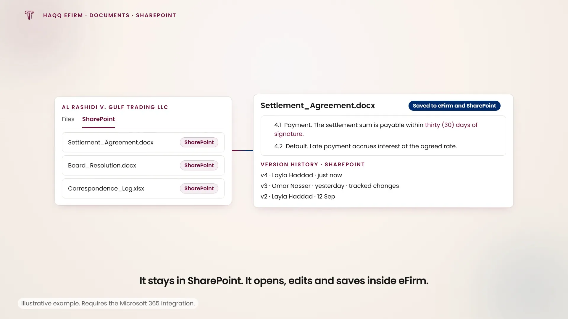 A linked Word file edited inside eFirm and saved back to SharePoint with its version history intact.
