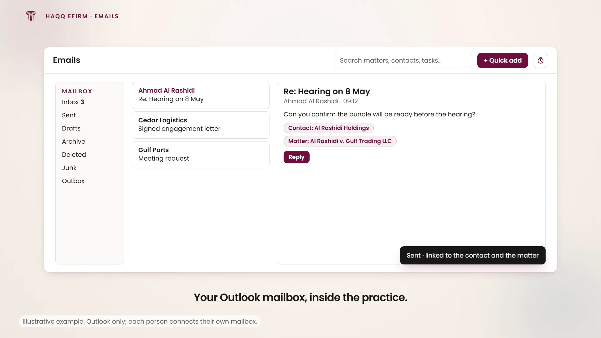 Outlook connected to eFirm, a client email linked to its matter, and the reply sent without leaving the matter.