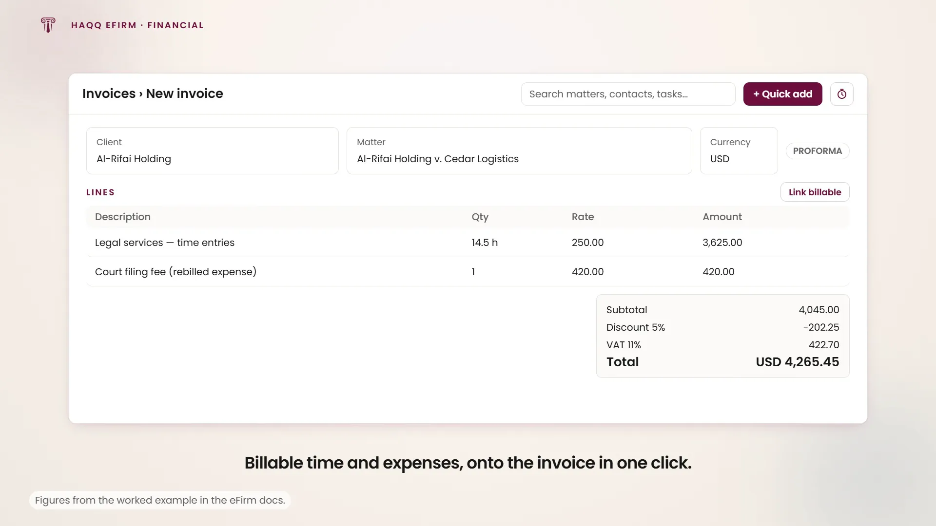 Link billable pulling recorded time and a fixed fee onto an invoice, then a discount and VAT applied to the total.