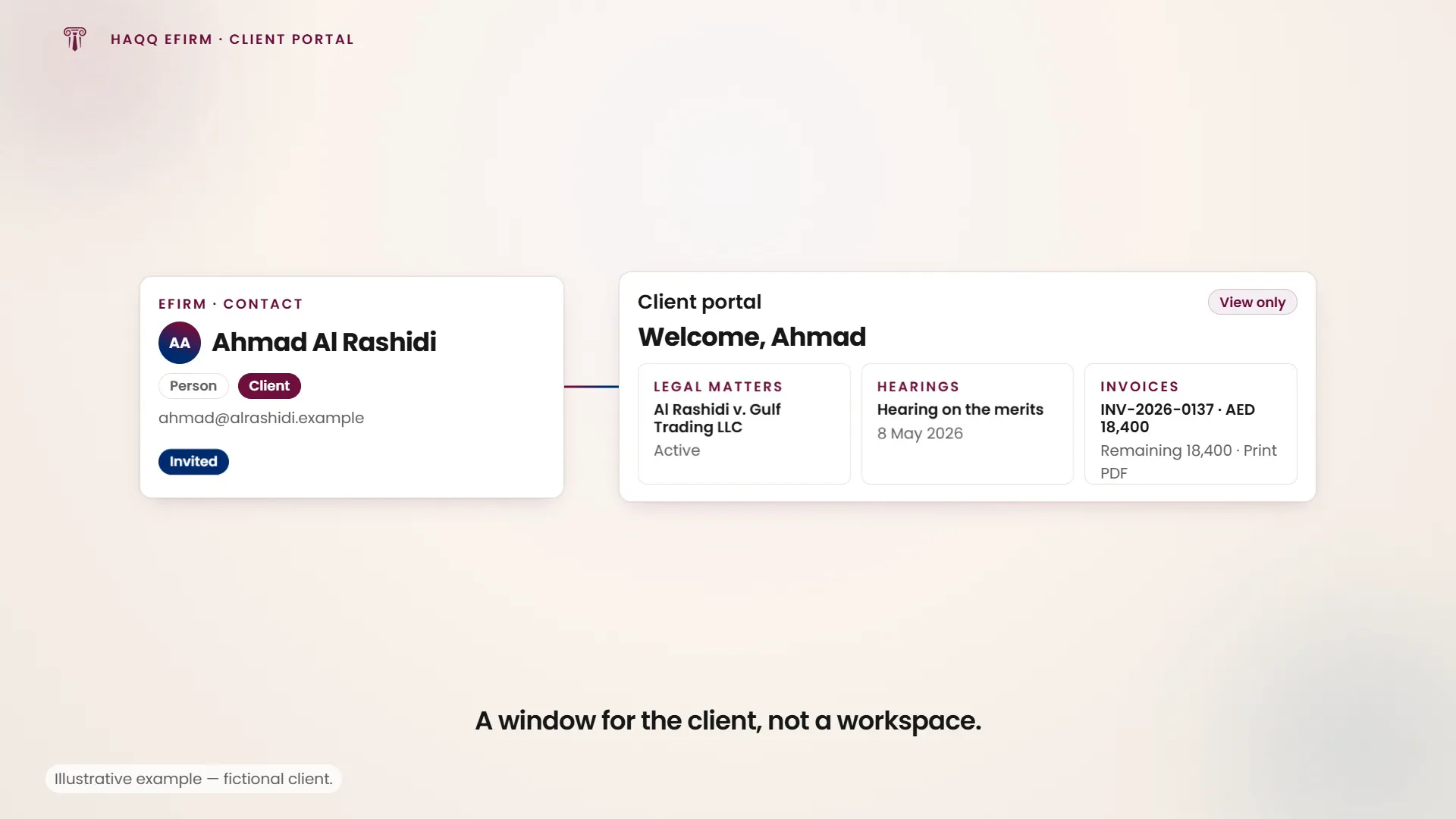 A client invited straight from their contact record, then signing in to see only their own matters, hearings and invoices.