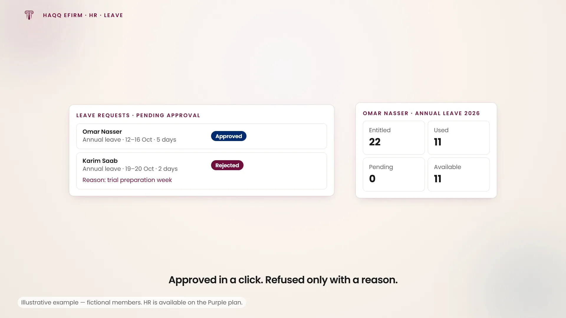 One leave request approved and the balance updating, and a second refused with the reason the form requires.